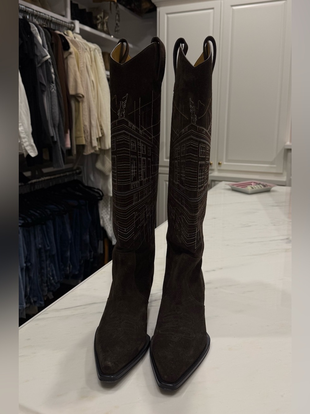 Hermes Brown Suede Cowboy Boots with Architectural Stitching - Picture 8 of 8